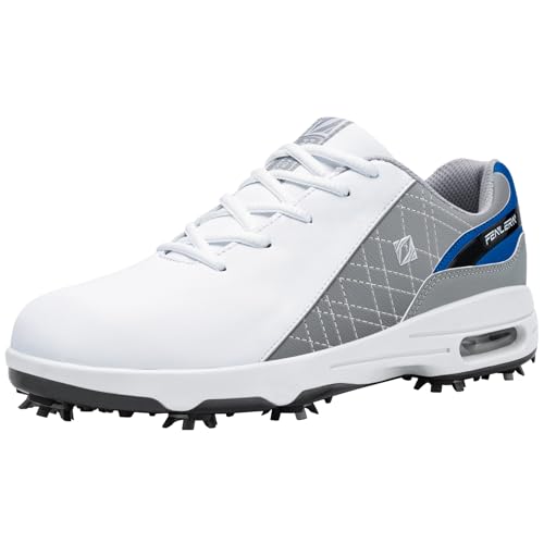 Fenlern Herren Golfschuhe Anti-Rutsch-Leichte Outdoor Golfschuh mit Spikes für Männer Golf Training (Weiß Blau, 43)