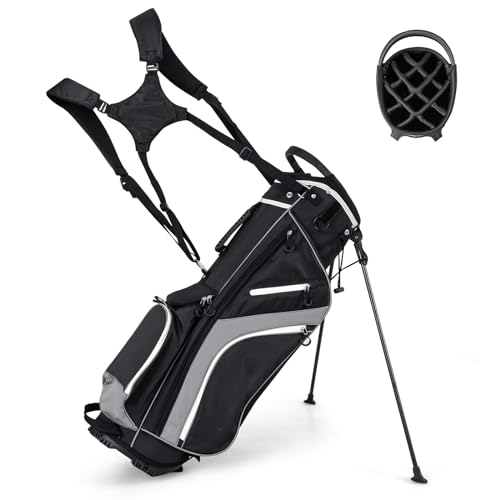 COSTWAY Golfbag, Golftasche mit 14-facher Unterteilung & 6 Taschen, Golf Stand Bag mit Standfüßen & Regenhaube, leichte Pencil Bag tragbar für Männer & Frauen(Grau)