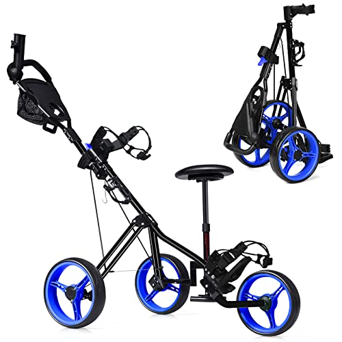 COSTWAY Golftrolley, Golf Trolley, Golftrolley 3 Rad Klappbar, Golfwagen Klappbar, Golf Cart, Golf Trolleys | mit verstellbarem Sitz & Griff & Halter für Schirm & Flasche (Blau)